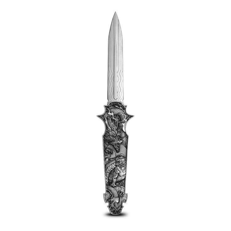 2025 2 oz Antique Samoa Silver Dragon Tiger Switchblade Coin (Box + CoA, Ultra High Relief)