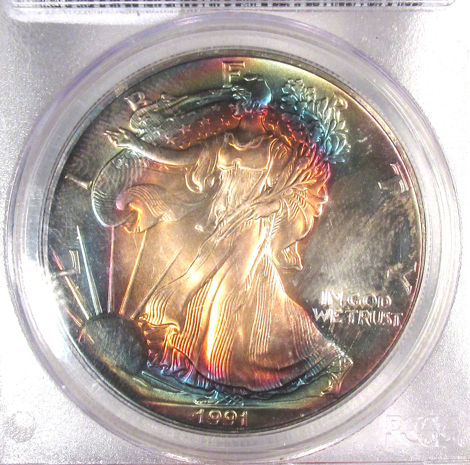 1991 American Silver Eagle PCGS MS67 Coin w/ Rainbow Bullseye Toning AR441