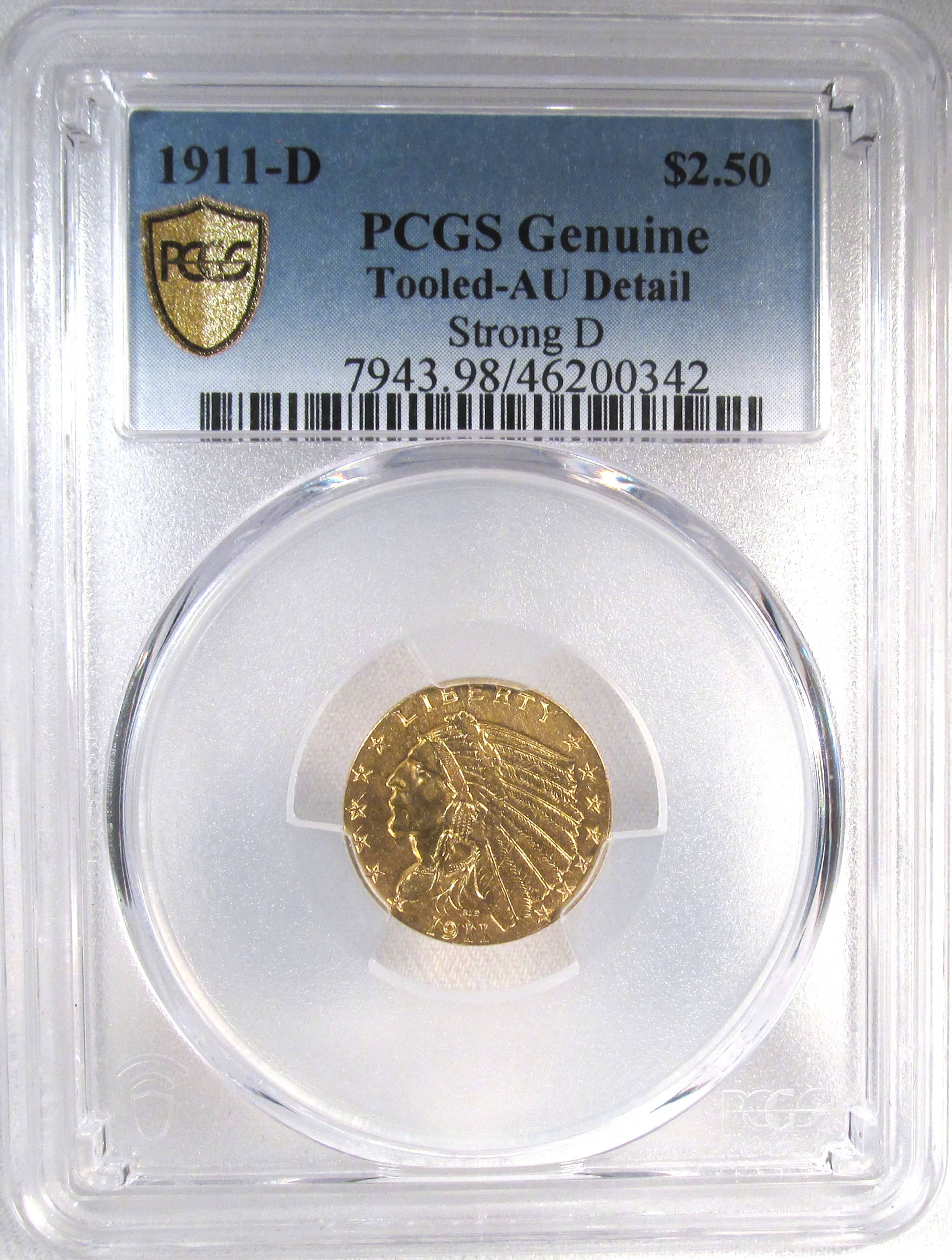 1911-D $2.50 Indian Quarter Eagle PCGS AU Detail Strong D KEY DATE Gold Coin AN152