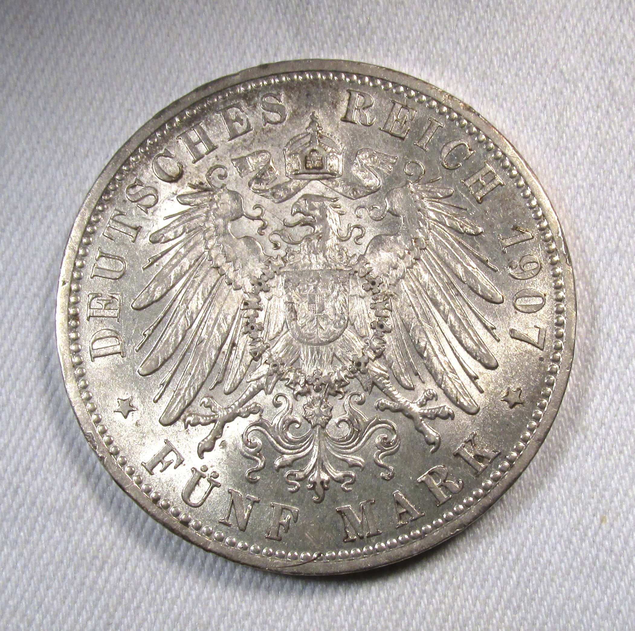 1907-D Germany-Bavaria Silver 5 Mark AU Coin AS564