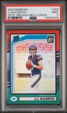 2024 Donruss Rated Rookie J.J. McCarthy #303 Optic Preview Red & Green PSA 9