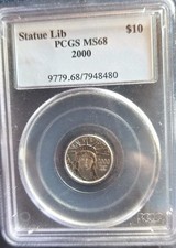 2000 W PLATINUM $10 PROOF EAGLE STATUE OF LIBERTY 1/10 OZ COIN PCGS MS68