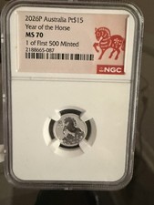 1 of first 500 minted 2026P AUS pt$15 NGC MS70 1/10 Platinum Year of the Horse