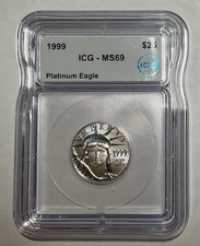 🗽 1999 PLATINUM US $25 EAGLE STATUE OF LIBERTY 1/4 OZ COIN ICG MS 69 🗽