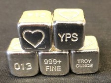 1 oz Heart Cube 999+ Fine Silver Bullion Bar Yeager's Poured Silver - YPS