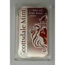 Scottsdale Mint 1 Troy Oz Fine Silver 9999 Bullion Bar Crowned Lion Logo