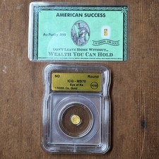 1/500 oz .9999 Gold Eye of Ra ICG Graded MS70 + BONUS American Success 1/4 Card