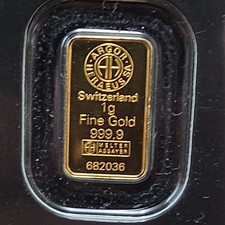 1 Gram Gold Argor Heraeus Bar 1 g .9999 Fine Gold - In Assay