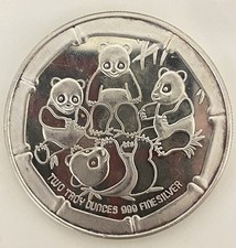 2 Troy Ounces - Vintage Silver Coin Art - Four Pandas And Wolf .999 Fine Silver