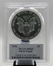 1992 $1 American Silver Eagle PCGS MS69 1oz .999 Pure Silver Bright Gem Luster