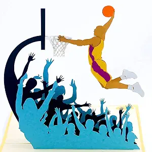 CUTE POPUP 3D Pop Up Basketball Card for Men, Boys & Sports Fans - Slam Dunk Player Design, Hand-Assembled, Eco-Friendly Italian Paper - 6x6 Inch Greeting Card