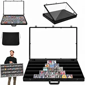 Card Display Case for Trade Shows, 34" x 22" Aluminum Triple-Lock Tabletop Showcase for Trading Cards, Sports Cards, Graded Slabs, Jewelry and Collectibles, Portable Acrylic Display Case(Black)