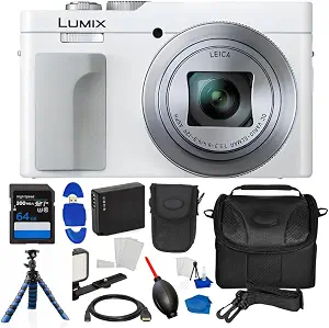 Panasonic TZ99/ZS99 Digital Camera (White) Bundle with 64GB Extreme PRO 200MB/s, Extra Battery, LED Video Light, Tripod Gripster, Camera Case, Cleaning Kit & Many More Accessories (Renewed)