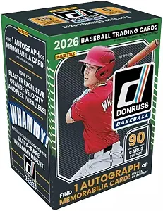 2026 Panini Donruss Baseball Retail Blaster Box | 6 Packs Per Box | 90 Trading Cards | 1 Autograph or Memorabilia Card Per Box on Average | Exclusive Red & Blue Laser Parallels | Factory Sealed