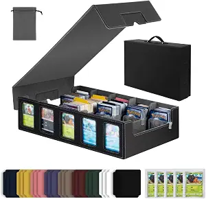 Trading Card Storage Box with Commander Display, 5-Row Deck Case with Removable Lid & Handle, 4000+ Card Organizer with 48 Colorful Dividers & 5 Stoppers for MTG, Black & Grey