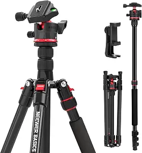 NEEWER Basics 72" / 182 cm Travel Tripod Monopod for Camera, Compact Lightweight Portable Video Recording Stand, Arca Type Ball Head, Cell Phone Holder Compatible with iPhone, Max Load 13.2 lb, TP14B