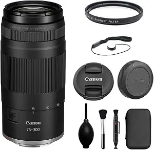 Canon RF75-300mm F4-5.6 Zoom Lens with UV Filter + Lens Cap Keeper + Cleaning Kit (4 Items)