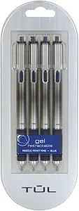Tul Retractable Gel Pens 0.5mm Needle Point, Blue 4/pk