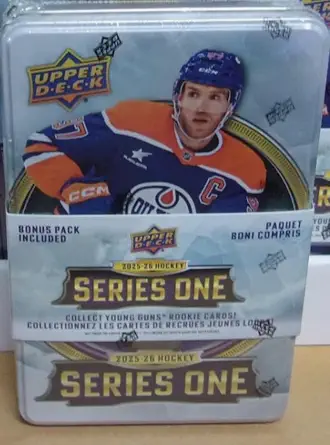 2025-26 NHL UPPER DECK SERIES ONE 1 Hockey Factory Sealed Tin Box 99 Cards