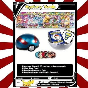Pokemon TCG - Party Bundle (50 Assorted Cards in a Tin, 1 Ultra Rare Card, 1 Factory Sealed Booster Pack, 1 Coin)