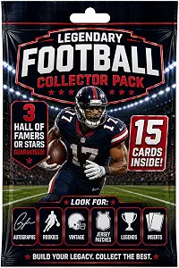 Football Card Legends Pack – 15 Cards Inside | 3 Guaranteed Hall of Famers or Stars | Look for Rookies, Patches, and Autographs for Collectors