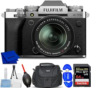 FUJIFILM Fuji X-T5 Mirrorless Camera with 18-55mm Lens (Silver) - 7PC Accessory Bundle Includes: Extreme 64GB SD, Card Reader, Gadget Bag, Blower. Cloth and Cleaning Kit