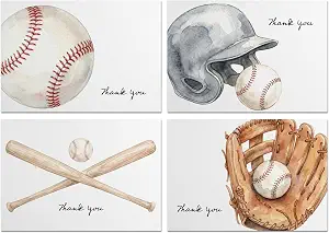 Baseball Thank You Cards Set - 24 Pack (4 Designs, 6 Each) with Envelopes - Watercolor Sports Cards - Blank Inside - Thick Cardstock 3.5" x 4.87"