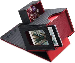 Mage Tech Card Deck Box for MTG Commander - Patented Design, Commander Display, Fits 100 Double-Sleeved Cards, 35pt Card Brick & Dice Tray - Black/Red