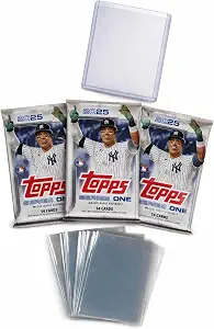 Topps 2025 Series 1 Baseball Trading Card Bundle, 3 Factory Sealed Packs with 42 Cards Total, Includes 10 Penny Sleeves and 1 Top Loader (Series 1 – 42 Cards)