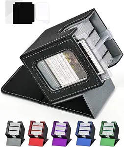 Card Deck Box with MTG Commander Display, Deck Case Holds 100+ Double-Sleeved Cards, Trading Card Storage Box Fits TCG/PTCG/Sports Card with 2 Dividers, Top Loaders (Black Grey)