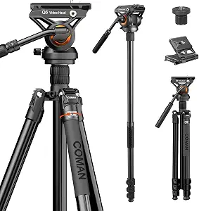 COMAN Fluid Head Tripod for DSLR Camcorder,Camera Monopod Tripod 360° Pan&+90°/-70° Tilt,New Q6 Fluid Head Aluminum Alloy QR Plate Compatible with DJI RS Gimbal Manfrotto Max Load 17.6lb (KX3939Plus