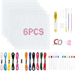 Deyyol 13 Mesh Needlepoint Blank Canvas, Needlepoint Canvas Kit with 6Pcs 8x8Inch White Blank Mesh, 2 Rolls Tape, 12 Markers and Embroidery Tools, Beginner Friendly for Hand Stitching & Needle Art