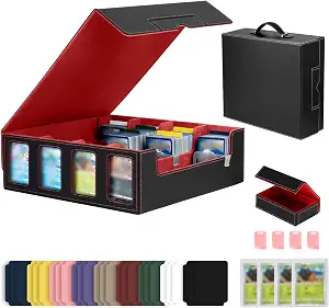 Trading Card Storage Box with Commander Display, 4-Row Deck Case with Removable Lid & Handle, 3000+ Card Organizer with 24 Colorful Dividers & 4 Stoppers for MTG, Black & Red
