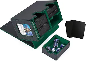 Venssu MTG Deck Box for Commander Display with dice tray,Card Deck Box Fits 160 Double Sleeved /200 Single Sleeved trading Cards, Deck Box TCG with 2 Dividers and 1 magnetic card holder (Black＆Green)