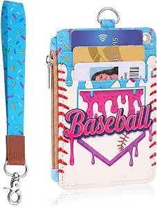 Capoda Baseball Ice Cream Drip Slim Wallet Credit Card Holder Small Card Case Travel Cards Holder with Wristlet Keychain Lanyard Zipper Thin Pocket Wallet PU Leather ID Window Teenagers Kids Gifts