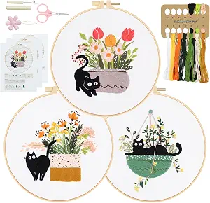 Embroidery Kit for Beginners, Adult Stamped Kits with Cat Floral Patterns