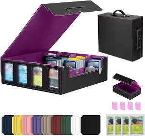 Trading Card Storage Box with Commander Display, 4-Row Deck Case with Removable Lid & Handle, 3000+ Card Organizer with 24 Colorful Dividers & 4 Stoppers for MTG, Black & Purple