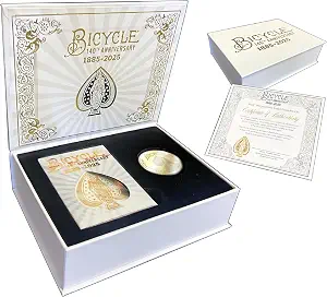 Bicycle 140th Anniversary Limited Edition Exclusive Playing Cards Set with 1 oz Pure Gold, 1 oz .999 Fine Silver, or Bronze Commemorative Collector Coin (Mystery Unboxing Coin)