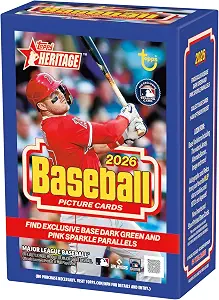 2026 Topps Heritage Baseball Series 64 Card Value Box Featuring Blaster Exclusive Dark Green and Pink Sparkle Parallel Cards Plus a Chance for Relics and Autographs
