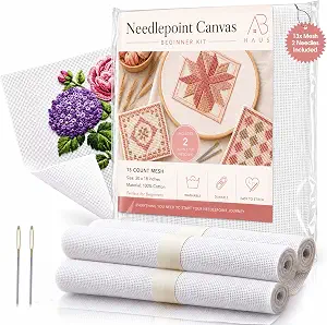 AB Haus Blank Needlepoint Canvas, 13 Count Mesh, 20 x 18 Inch White Cotton Embroidery Fabric, Beginner Kit with 2 Blunt Tip Needles for Cross Stitch, DIY Craft Projects, Paintable & Dyeable