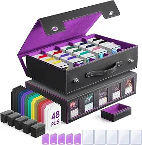 5-Row Trading Card Storage Box with Handle and Commander Display, 3900+ Card Case Includes 5 Top Loaders, 5 Stoppers, 48 Dividers, 1 Dice Tray for MTG TCG PTCG Sports Cards