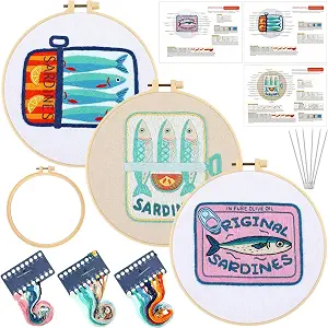 Mindsoft 3 Set Needlepoint Kit for Beginners with Hoop,Sardine