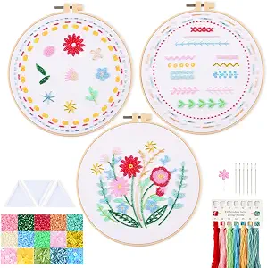 Harimau Bead Embroidery Starter Kit for Beginners (3 Sets) – Basic Flower Stitches, Includes Embroidery Hoop, Diagrams & Step-by-Step Video Tutorials – Gift for Craft Lovers