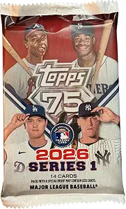 Topps 2026 Series 1 Baseball Exclusive Factory Sealed MEGA Foil Pack with 14 Mint Cards Celebrating Topps 75th Anniversary - Look for Autos, Relics, Parallels, Inserts, Rookies & More