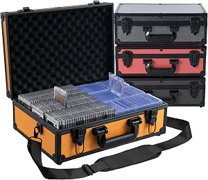 Toploader Storage Box for 3x4 35pt Rigid Cards, Top Loader Cards – Holds 600+ Top Loaders - Aluminum Alloy Trading Card Case, Sports Card Storage Box with Lock (Large Orange)