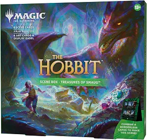 Magic: The Gathering | The Hobbit Scene Box - Treasures of Smaug| 6 Foil Borderless Scene Cards, 6 Art Cards, 3 Play Boosters + Display Easel