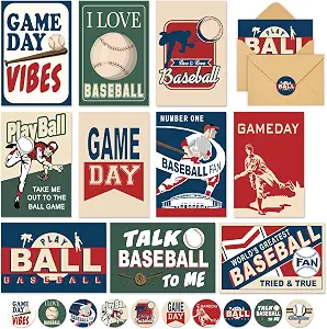 Whaline 40 Pack Vintage Baseball Greeting Cards Bulk 10 Designs Blank Note Cards with Envelopes Matching Seal Stickers for Sport Game Party Office Business, 4 x 6 Inch