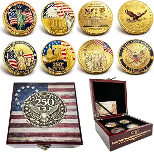 250th Anniversary USA Coin Set (1776–2026) – 4PCS Patriotic Challenge Coins with Wooden Box & Card, America 250th Commemorative Collectible, Fan-Made Non-Official Keepsake Gift