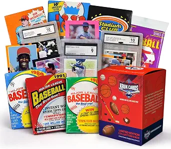 Ultimate Baseball Card Gift Box | 100 Cards + 1 CCG Graded Card + 1 Vintage Unopened Pack | 3 Baseball Stars & 1 Game-Used or Serial Numbered Card | Collectible Gift for Sports Fans & Collectors