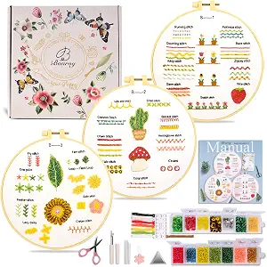 Bonroy Beginners Embroidery Practice kit 3 Sets to Learn 30 Different Stitches for Craft Lover Hand Stitch with Embroidery Fabric with Skill Techniques (BY-BD-S)